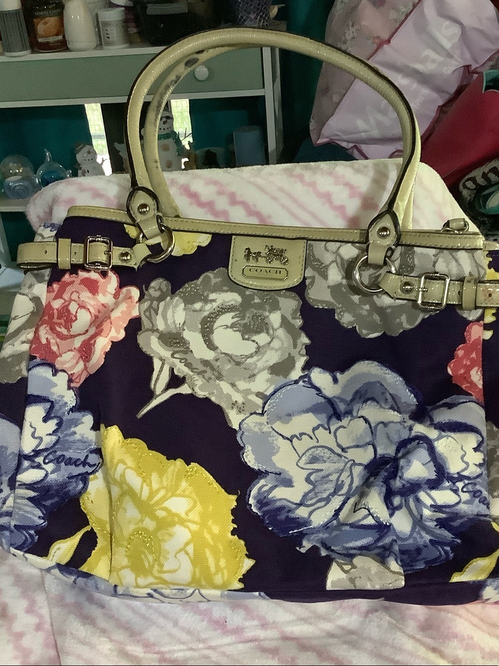 Coach Purple Floral Tote with Cream Trim